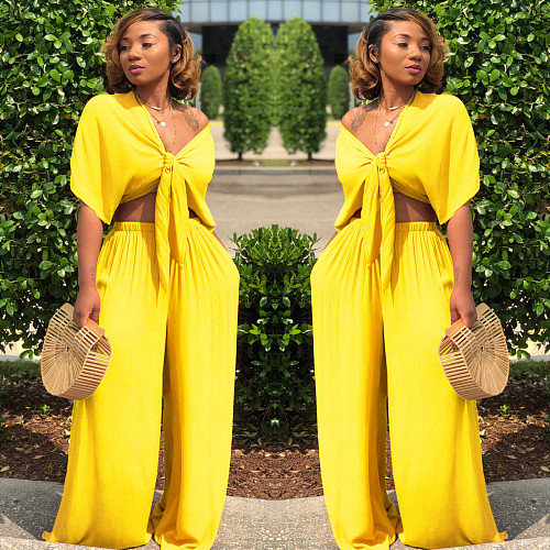 Sexy Bandage Deep V Wide Leg Pants Two Piece Nightclub Suit NTY-7003