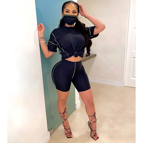 Casual Round Neck Short-Sleeved Blouse and Shorts Two Piece With Mask WY-6694