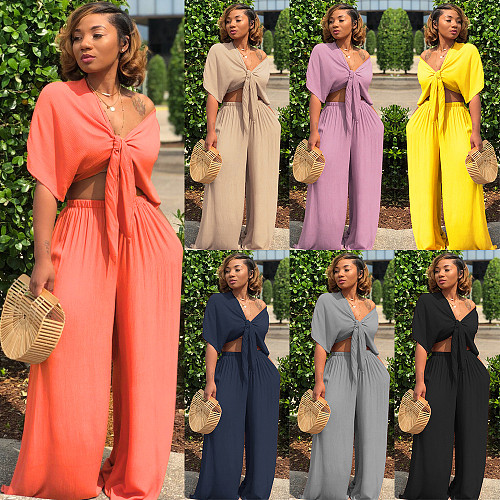 Sexy Bandage Deep V Wide Leg Pants Two Piece Nightclub Suit NTY-7003