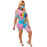 Hot Style Tie-Dye Lip Digital Print Short-Sleeved Shorts Two-piece Set Without Mask WSM-5138