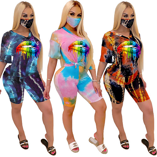 Hot Style Tie-Dye Lip Digital Print Short-Sleeved Shorts Two-piece Set Without Mask WSM-5138