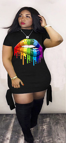 Multicolored Lip Print Lace Short-Sleeved Plus-Size Cotton Dress LM-8152