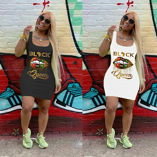 Summer Lettered Lip Print Sleeveless Mini Dress FSL-091
