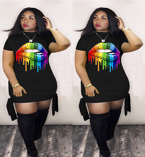Multicolored Lip Print Lace Short-Sleeved Plus-Size Cotton Dress LM-8152
