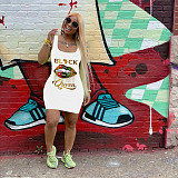 Summer Lettered Lip Print Sleeveless Mini Dress FSL-091