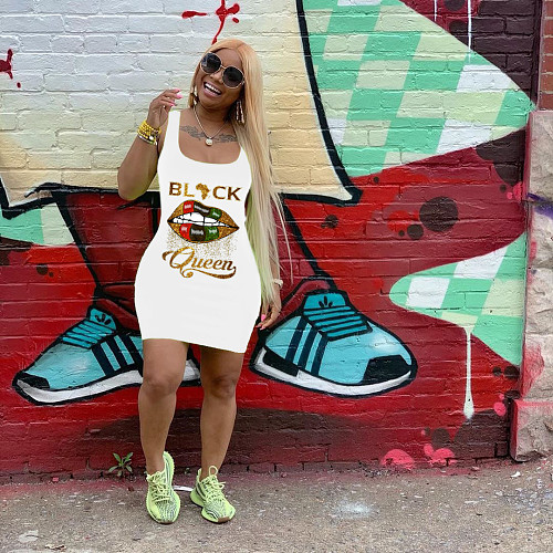 Summer Lettered Lip Print Sleeveless Mini Dress FSL-091