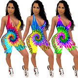 Sexy Suspenders Necktie Dye Hollowed-out Print Romper CM-748