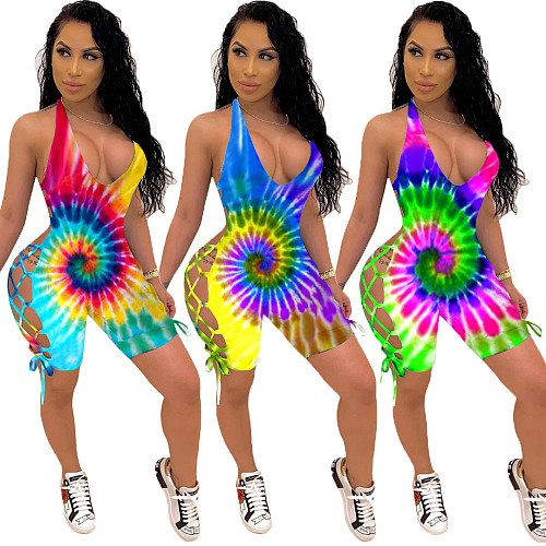 Sexy Suspenders Necktie Dye Hollowed-out Print Romper CM-748