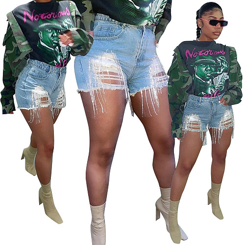 Hot Sales Ripped Metallic Fringed Denim Shorts MOF-8821