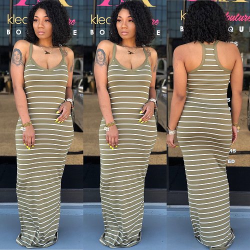 Hot Style Sleeveless High-Waist Striped Floor-Length Dress AIL-031