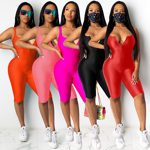 Sexy Solid-Color Front Zipper Midwaist-Hugging Romper AL-170