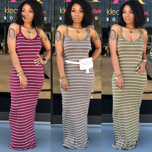Hot Style Sleeveless High-Waist Striped Floor-Length Dress AIL-031