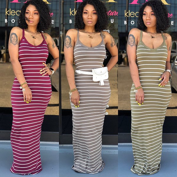 Hot Style Sleeveless High-Waist Striped Floor-Length Dress AIL-031