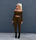 Solid Color High Elastic Thread One-Collar Blouse and Trousers Two-piece Set TE-3307