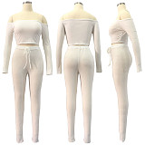 Solid Color High Elastic Thread One-Collar Blouse and Trousers Two-piece Set TE-3307