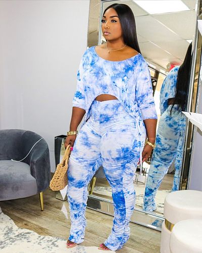 Digital Printed Middle Sleeve T-shirt Pleated Trousers Two-piece Set SHA-6145