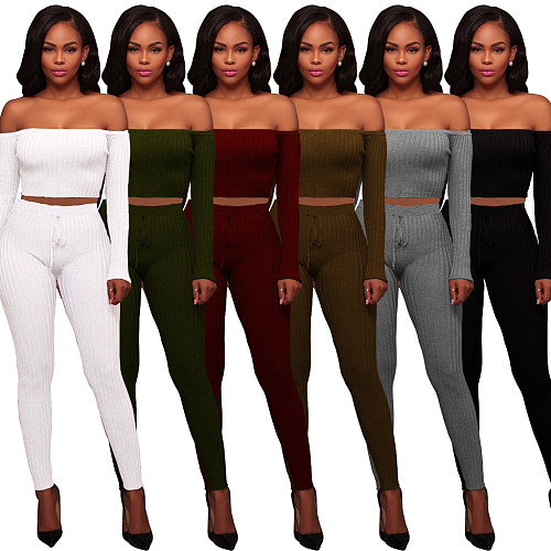 Solid Color High Elastic Thread One-Collar Blouse and Trousers Two-piece Set TE-3307