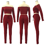 Solid Color High Elastic Thread One-Collar Blouse and Trousers Two-piece Set TE-3307