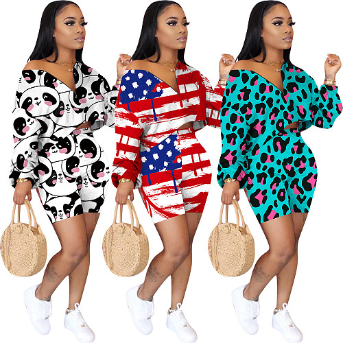 Casual Multi-Color Printed Long Sleeve T-shirt and Shorts Set OYF-8198