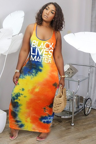Tie-Dye Buzzword Print Round Neck Sleeveless Dress QZX-6134
