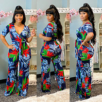 Sexy Print Lace-Up High Waist Wide Leg Jumpsuit MAE-2039