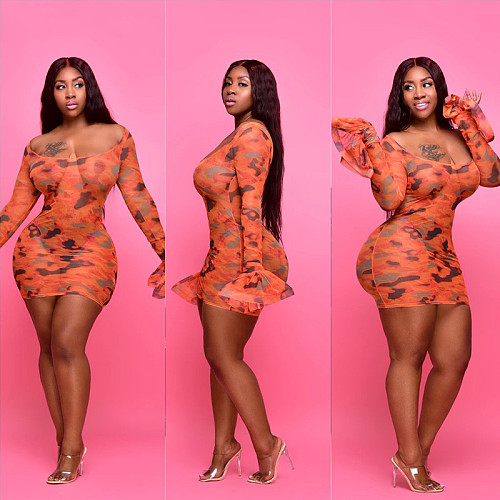 Sexy Gauze Digital Print Flared Sleeve Plus Size Dress OSS-20723