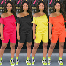 Stylish Solid Color Off-the-Shoulder Short Sleeve Two-piece Set NY-8909