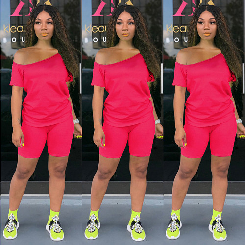 Stylish Solid Color Off-the-Shoulder Short Sleeve Two-piece Set NY-8909