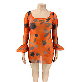 Sexy Gauze Digital Print Flared Sleeve Plus Size Dress OSS-20723