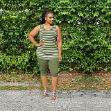 Fashion Stripe Round Neck Vest Five-minute Pants Two-piece Set XMY-9244