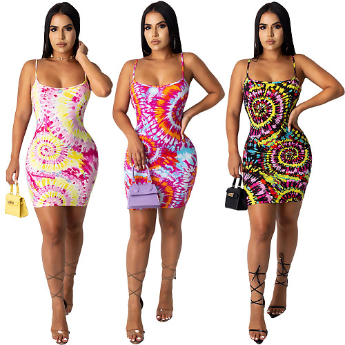 Casual Tie-Dye Colorful Print Loose Halter Dress XMY-9247