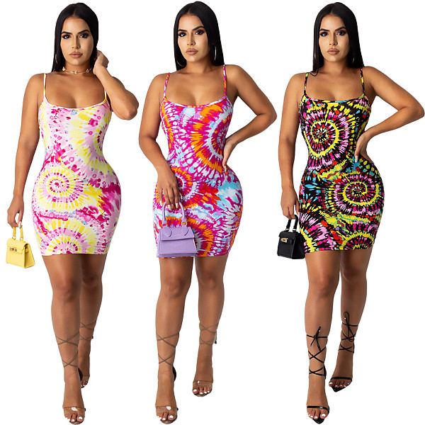 Casual Tie-Dye Colorful Print Loose Halter Dress XMY-9247