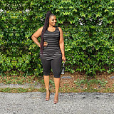 Fashion Stripe Round Neck Vest Five-minute Pants Two-piece Set XMY-9244