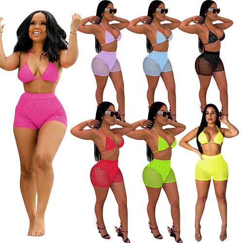Sexy Net Yarn Sequins Lace-Up Bra+Shorts Two-piece Set TE-3694