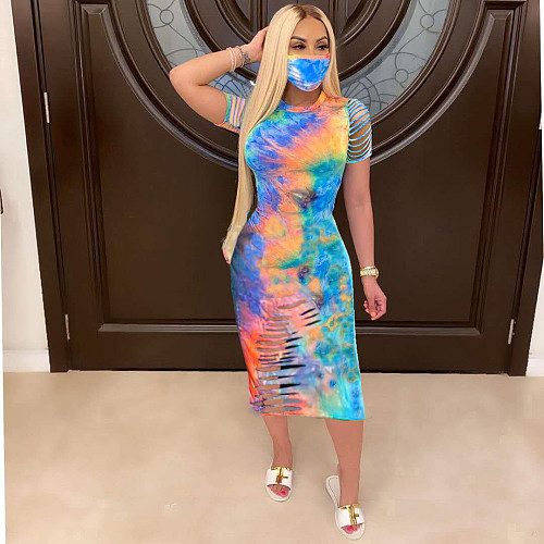 Fashionable Tie-Dyed Flared Short-Sleeved Round Neck Dress without mask NM-8300