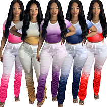 Gradient Short Sleeve T-shirt Frilly Split Micro Bell-Bottom Two-piece Set OSM-3302
