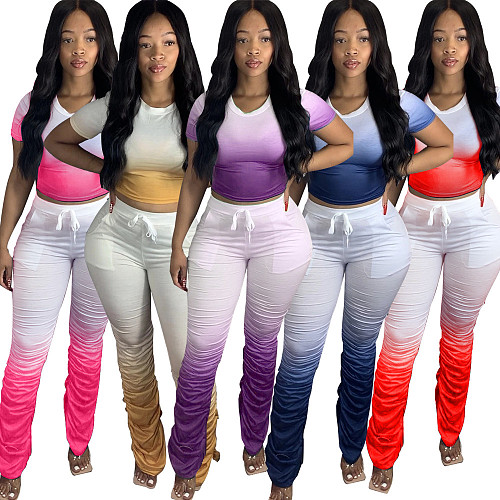 Gradient Short Sleeve T-shirt Frilly Split Micro Bell-Bottom Two-piece Set OSM-3302