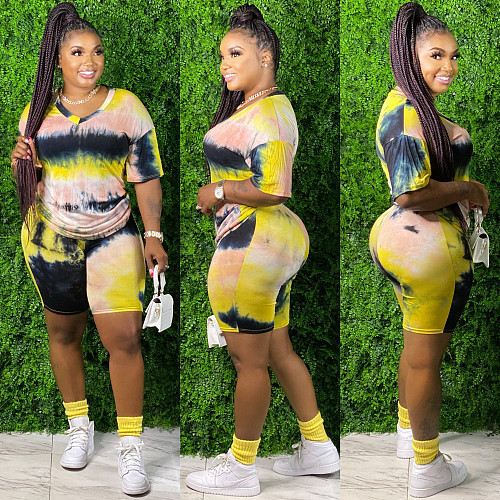 Fashion Plus-Size Tie-Dye Short Sleeve Shorts Two-piece Set XMY-9250