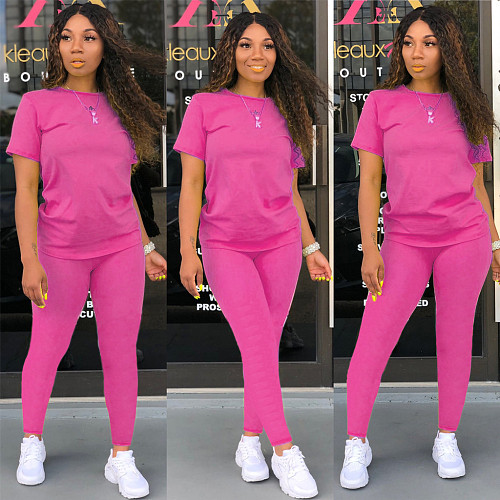Casual Solid Color Round Neck Short Sleeve Pants Suits SHD-9276