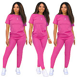 Casual Solid Color Round Neck Short Sleeve Pants Suits SHD-9276