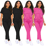 Casual Solid Color Round Neck Short Sleeve Pants Suits SHD-9276