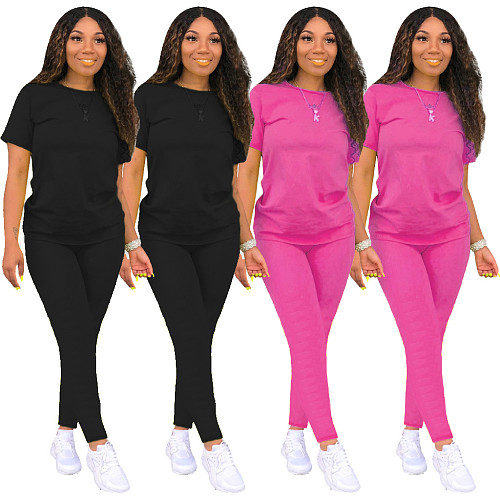 Casual Solid Color Round Neck Short Sleeve Pants Suits SHD-9276