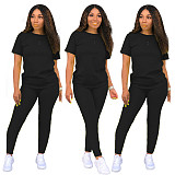 Casual Solid Color Round Neck Short Sleeve Pants Suits SHD-9276
