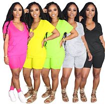 V-neck Solid T-shirt+Casual Shorts Suit XMY-9240