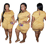 Loose Fit Striped Plus Size Waistband Elastic Romper OSS-20769