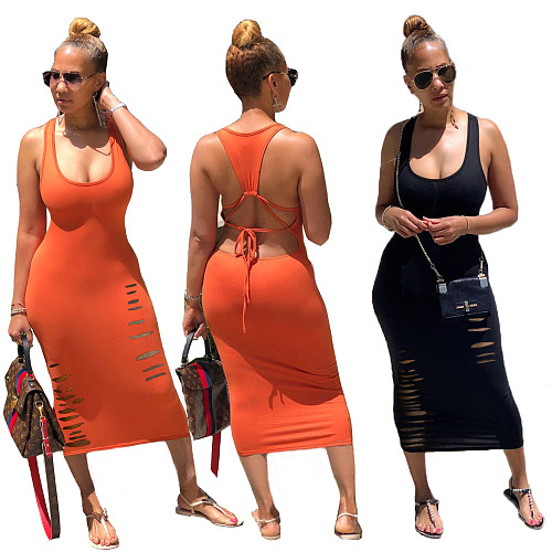 Solid Color Burn Flower Hollowed-back Bandage Sexy Dress LM-8157
