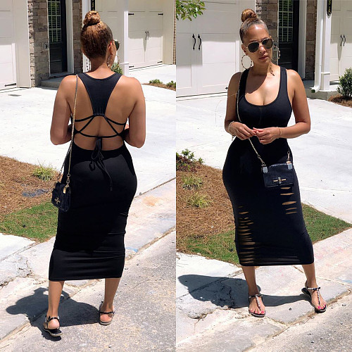 Solid Color Burn Flower Hollowed-back Bandage Sexy Dress LM-8157