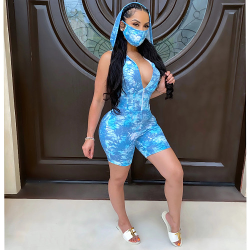 Tie-Dye Printed Sleeveless Buttock Lift Hoodie Romper OY-6180