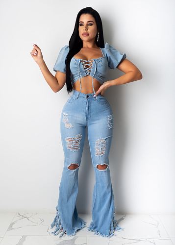 Hot Style Ripped Fringed Mid-Waist Skinny Flared Jeans LSD-8715