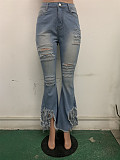 Hot Style Ripped Fringed Mid-Waist Skinny Flared Jeans LSD-8715